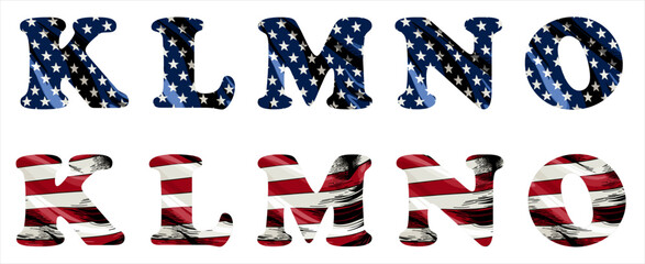 Vector font on background 
of national flag of usa.
A set of letters of english alphabet KLMNO with
american pattern of stars and stripes for
clothing, fabric, textile, paper, inscription on t-shirt.