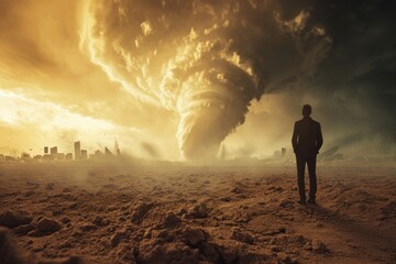 A businessman standing in a barren desert, watching a tornado storm destroy a large city, as global warming and climate change wreak havoc on planet Earth in an apocalyptic scenario