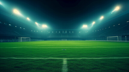 professional empty football stadium at night illuminated by powerful modern floodlights