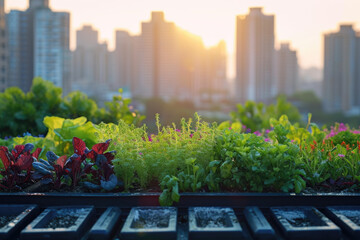 Smart Urban Farming, vibrant rooftop gardens in city environment, soft morning light highlighting greenery