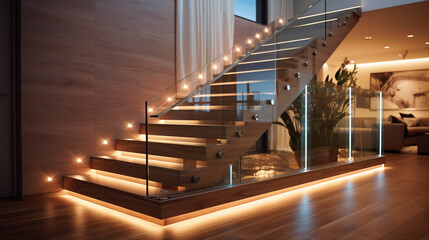 A modern wooden staircase with glass railings, discreet LED strip lighting under the handrails adding a chic touch in a contemporary environment. - obrazy, fototapety, plakaty