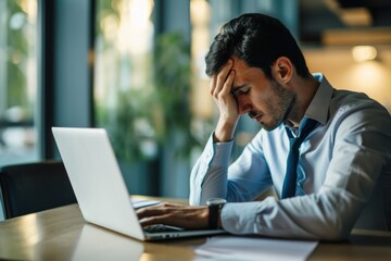 A businessman dealing with stress and frustration over his laptop