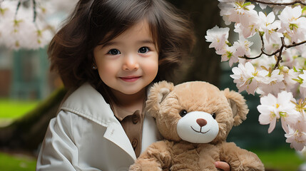 Cute three year old asian girl with teddy bear in blossoming Park