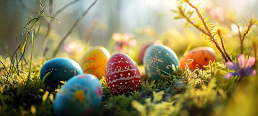 Fototapeta na wymiar Easter Eggs Hidden in Sunlit Forest Underbrush