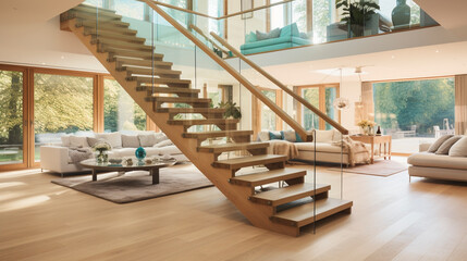 A panoramic shot of a contemporary light oak staircase with glass sides, set in a luxurious, airy living area.