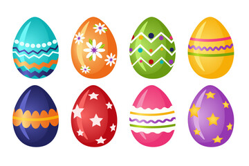 Set of multi-colored Easter eggs with patterns. Painted chicken eggs in cartoon style. Religious symbol of Happy Easter celebration. Design element for postcard. Vector illustration.