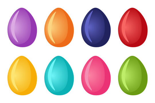 Set of painted eggs for Easter celebration. Religious symbol of Happy Easter celebration. A set of eight eggs of different colors. Design element for postcard. Vector illustration.