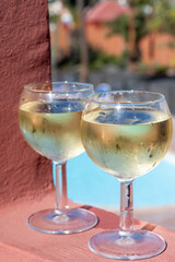 Glasses of cold white wine on roof terrace served outdoor in Corralejo, Fuerteventura in sunny day, pool with blue water