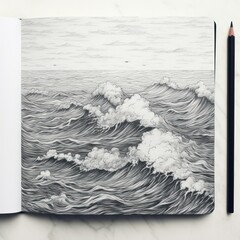 Minimal pen illustration sketch slate & white drawing of an ocean