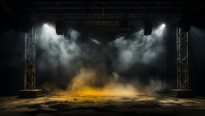 Music stage in the dark with smoke of spotlights