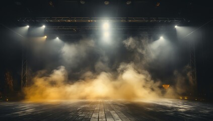 Music stage in the dark with smoke of spotlights