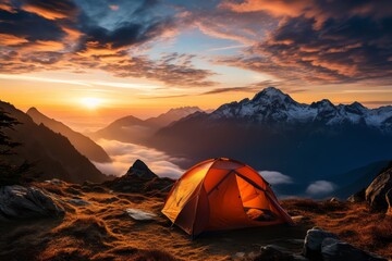 sunset tent sleeping in the mountains camping