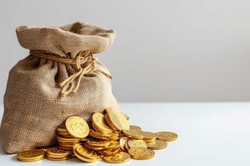 Gold bitcoins in sack bag on a white table