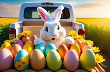 Easter concept. A whte cartoon and cheerful bunny sits in a car truck with Easter colorful eggs. Truck on the background of the road and green grass with flowers, sunset rays of the sun. Egg delivery.