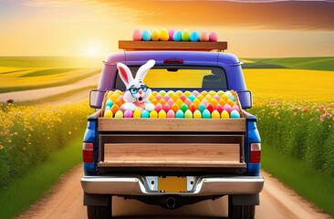 Easter.A white cartoon and cheerful bunny sits in a car truck with Easter colorful eggs. Truck on the background of the road and green grass with flowers, sunset rays of the sun. Egg delivery.