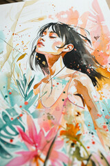 Artistic watercolor painting of a woman with vibrant floral elements