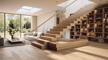 A sleek, light oak staircase with glass balustrades, set against the backdrop of a spacious, minimalist interior.