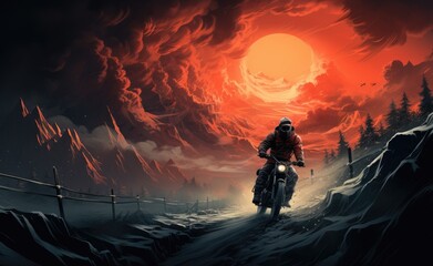 Obraz na płótnie Canvas Amidst a fiery sky and looming clouds, a lone rider braves the rugged terrain, enveloped by the raw beauty of nature's untamed mountains