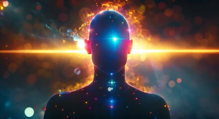 Digital Humanoid Avatar with Illuminated Chakras and Ethereal Aura