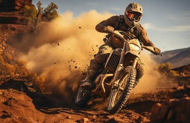 Thrill-seeker dons helmet and revs up their dirt bike for an adrenaline-fueled offroad adventure through the rugged terrain of the mountains, leaving a trail of dust in their wake