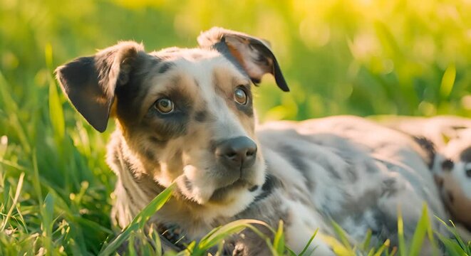 Cute reflective Catahoula Leopard Dog in Grassy Field at Sunset