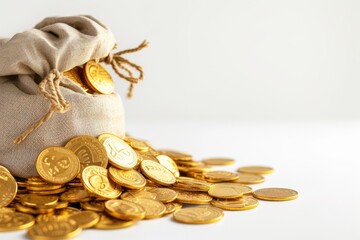 Gold bitcoins in sack bag on a white table