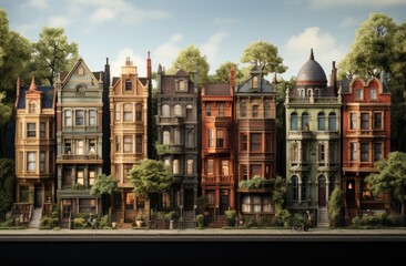 Obraz premium Amidst the sprawling city, a vibrant row of multicolored buildings stands tall, framed by a clear blue sky and adorned with windows, plants, and towering trees, evoking a sense of grandeur and elegan