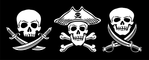 Jolly Roger emblem or sign. Pirate flag with skull. Vector illustration