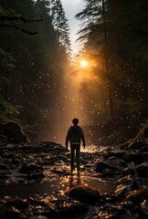 Fototapeta premium As the sun sets on a winter landscape, a hiker stands in the tranquil stream, illuminated by vibrant orange lights, surrounded by the serene beauty of nature