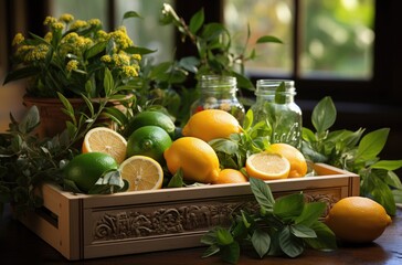A vibrant display of locally grown citrus fruits, including tangy lemons and limes, adorns a rustic wooden box, tempting us with their fresh, natural goodness and the promise of vegan nutrition
