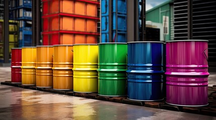 Metal barrels in a spectrum of colors, showcasing the industrial diversity and vibrant hues of these cylindrical containers in a dynamic setting - obrazy, fototapety, plakaty