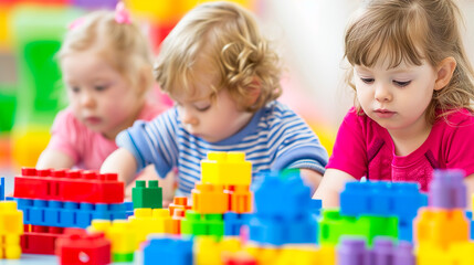 three cute little children playing on the floor with lots of colourful plastic blocks. Joyous moment of a kids engrossed in play.