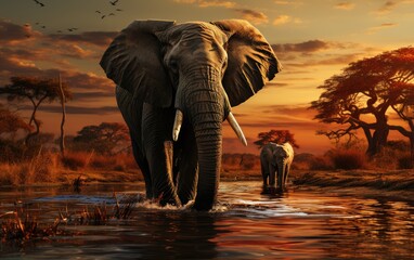 Two majestic indian elephants, their tusks glistening in the sunset, stand tall as they gracefully walk through the shimmering waters, surrounded by the lush trees and endless sky