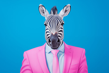 portrait of a Anthropomorphic zebra in a beautiful elegant jacket on a plain color background in the studio. Creative animal concept.
