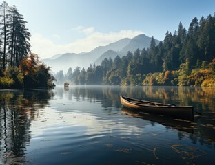 A tranquil journey through the stunning autumn landscape as a boat glides peacefully on the reflective surface of the lake, surrounded by majestic trees and distant mountains