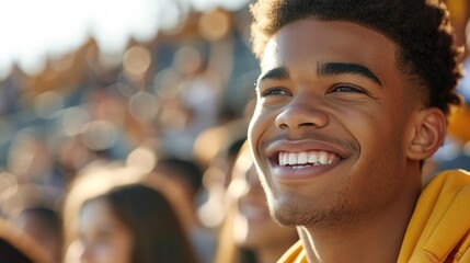 A close-up portrait of a black man in a yellow T-shirt at the stadium. Portrait of a happy fan