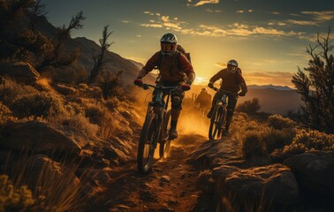 Fototapeta premium A group of cyclists traverse through the rugged terrain, their wheels kicking up dust as they chase the sunset on their trusty mountain bikes