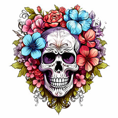 Fototapeta premium Decorative skull in tribal tattoo. Hand drawn colorful and black illustration isolated on white background. Floral pattern of plants