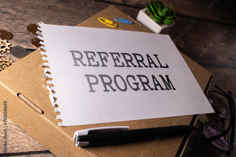 Poster gray folder and financial charts. text referral program