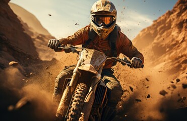 Thrill-seeker defies gravity and dominates the rugged terrain on a dirt bike, showcasing their daredevil skills and love for extreme motorcycle racing