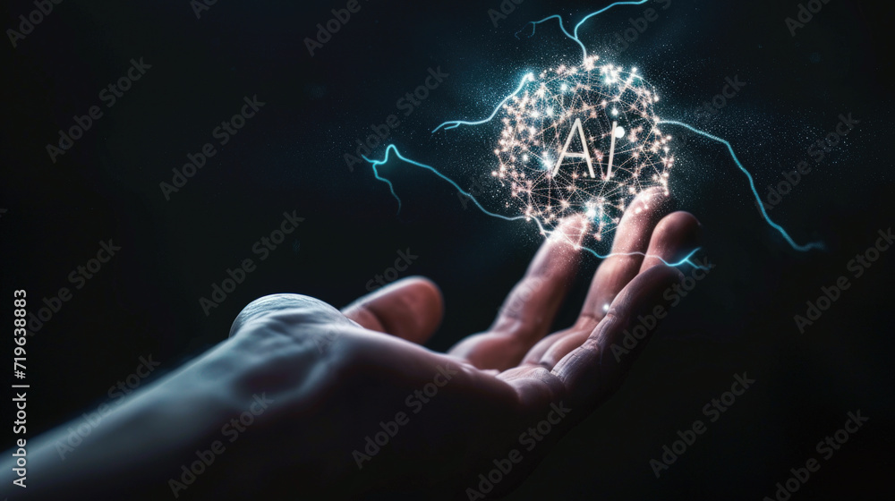Wall mural ai on human hand, glowing sphere of artificial intelligence with lightning on black background. futu - Wall murals