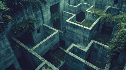 Dark old concrete 3D maze, vintage surreal labyrinth like surreal residential building. Concept of puzzle, problem, uncertainty, illustration, strategy, travel, wall and solution - obrazy, fototapety, plakaty