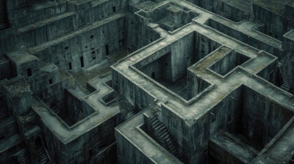 Dark old concrete walls maze, vintage endless labyrinth, grungy grey surreal building. Concept of puzzle, problem, uncertainty, background, illustration, pattern, travel
