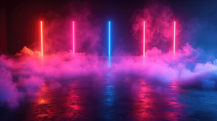 Dark neon scene background, futuristic empty hall. Modern design of large room with smoke and led red and blue lighting, abstract studio interior. Concept of stage