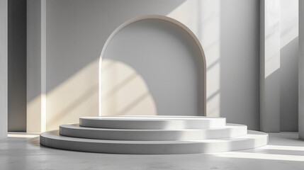 White round podium with arch and shadow on concrete wall background. Abstract white room.