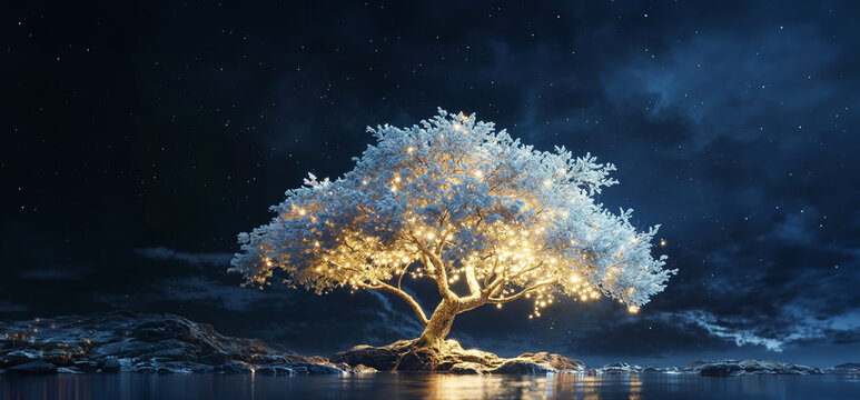 white trees of life or meditation relaxation concept with glowing golden fireflies in mystical fantasy abstract blue night sky showered by moonlight over river lake as wide banner