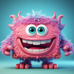 A fluffy pink monster with large blue eyes and horns, grinning on a teal background