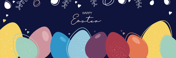 Happy Easter Banner. Trendy Easter design of eggs, in pastel colors on dark blue background. Modern flat style. Horizontal poster, greeting card, header for website