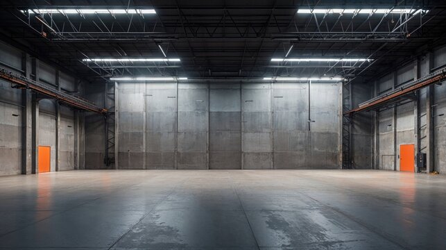 Urban Warehouse with Concrete Surfaces. Empty Space, Empty Hangar with Copy-space.