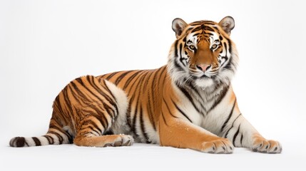Naklejka premium Tiger lying in the snow, isolated on a clean white background, showcasing the majestic and cold weather beauty of this big cat in a studio setting